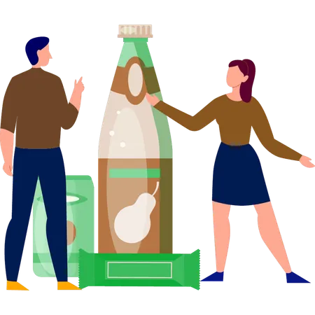 Le garçon et la fille parlent de boissons en bouteille  Illustration