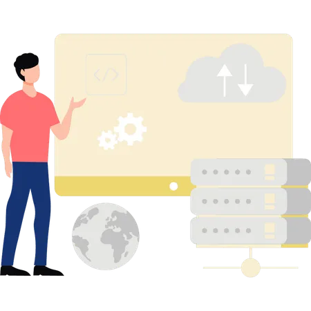 Boy explique la configuration du serveur de données cloud  Illustration