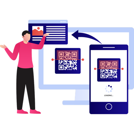 Le garçon explique le transfert de données via le code QR  Illustration