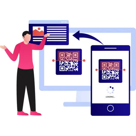 Le garçon explique le transfert de données via le code QR  Illustration