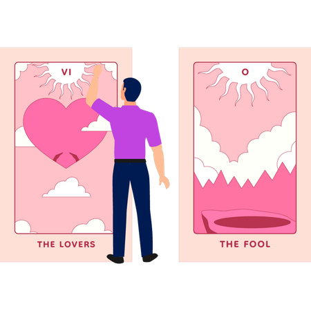 Le garçon lit la fortune de l'amour à travers des cartes d'amour  Illustration