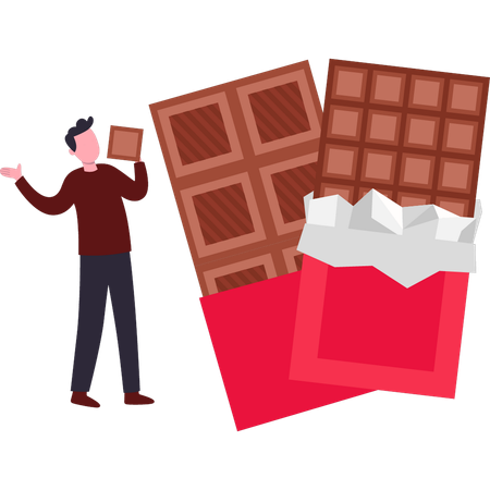 Le garçon mange des barres de chocolat  Illustration