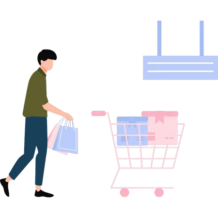 Le garçon met des sacs à provisions dans un chariot  Illustration