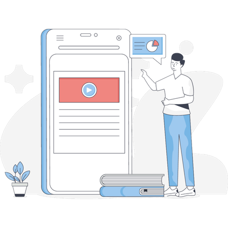 Le garçon montre du doigt un tutoriel d'apprentissage en ligne  Illustration