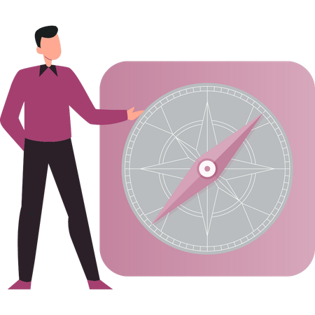 Le garçon montre la direction sur la boussole  Illustration