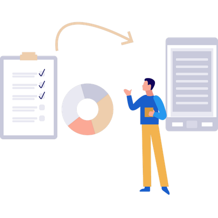 Le garçon montre la liste de contrôle de conversion en fichier de document  Illustration