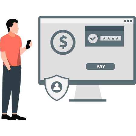 Le garçon montre la passerelle de paiement sur le moniteur  Illustration