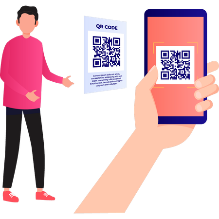 Le garçon montre le code QR sur son mobile  Illustration