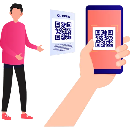 Le garçon montre le code QR sur son mobile  Illustration