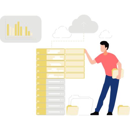 Le garçon montre les données du cloud du serveur  Illustration