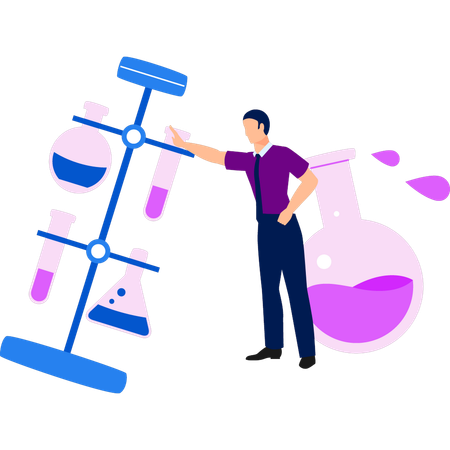 Le garçon montre le stand d'expérimentation  Illustration