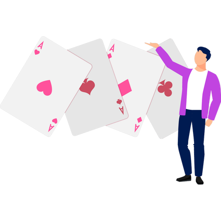 Le garçon montre les différentes cartes de poker  Illustration