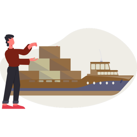 Le garçon montre du doigt le bateau qui expédie  Illustration