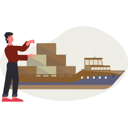 Le garçon montre du doigt le bateau qui expédie  Illustration
