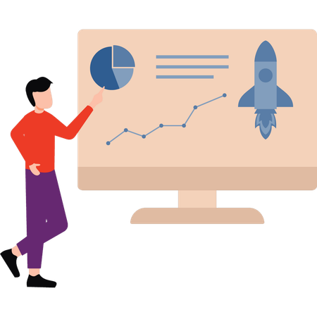 Le garçon pointe vers un graphique circulaire sur le moniteur  Illustration