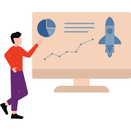 Le garçon pointe vers un graphique circulaire sur le moniteur  Illustration