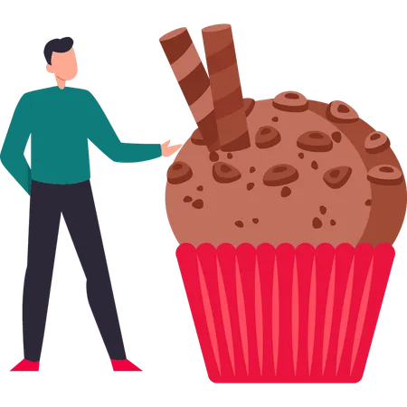 Le garçon montre un muffin au chocolat  Illustration