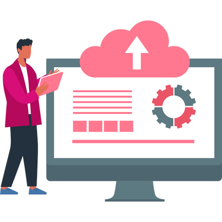 Le garçon parle des paramètres de téléchargement du cloud  Illustration