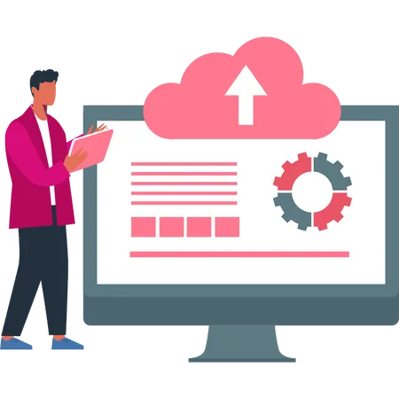 Le garçon parle des paramètres de téléchargement du cloud  Illustration