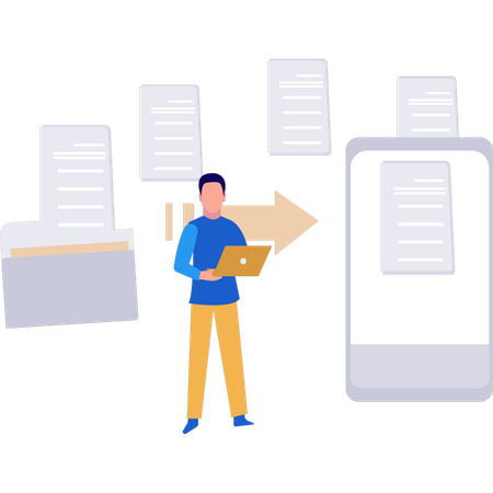 Le garçon partage un tas de fichiers sur mobile  Illustration