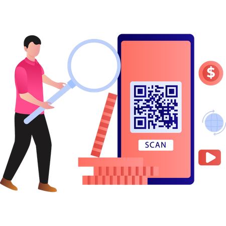 Le garçon paie en ligne via le code QR  Illustration