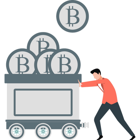 Un garçon pousse le chariot de Bitcoins  Illustration