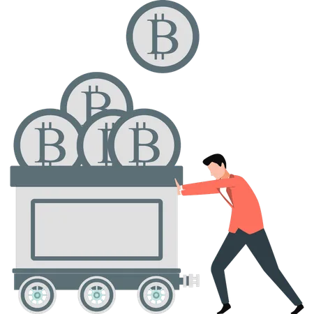 Un garçon pousse le chariot de Bitcoins  Illustration