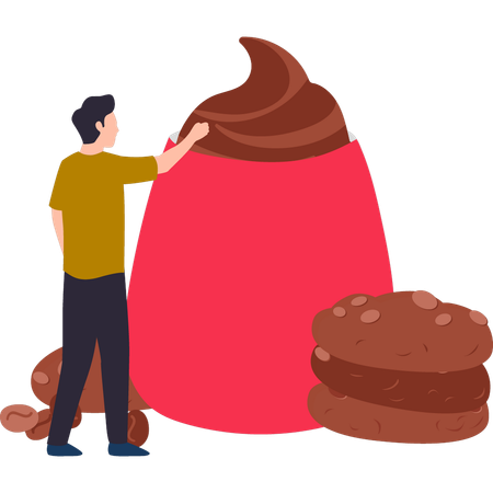 Le garçon regarde la tasse de chocolat et le biscuit  Illustration