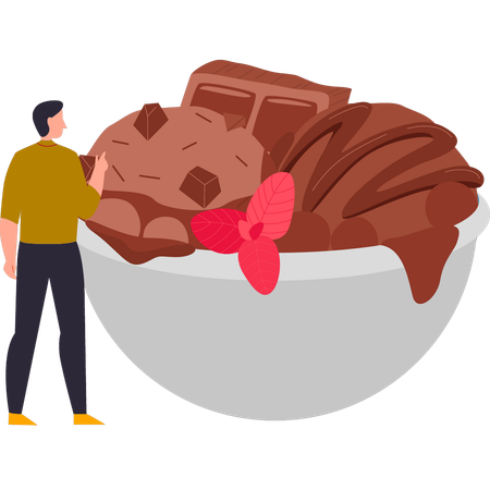 Le garçon regarde le bol de glace au chocolat  Illustration