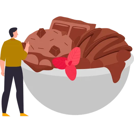 Le garçon regarde le bol de glace au chocolat  Illustration