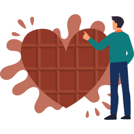 Le garçon regarde le chocolat en forme de coeur  Illustration