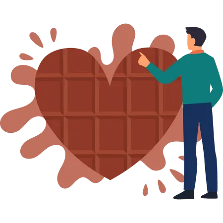 Le garçon regarde le chocolat en forme de coeur  Illustration