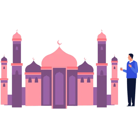 Le garçon regarde les minarets de la mosquée  Illustration