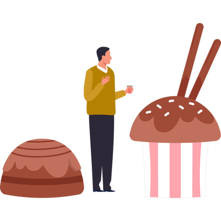 Le garçon regarde le cupcake au chocolat  Illustration