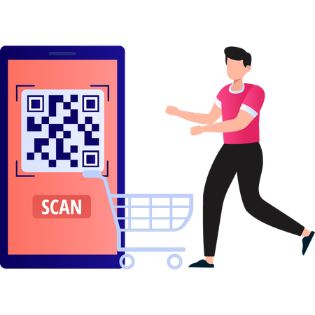 Le garçon scanne le code QR pour faire du shopping  Illustration