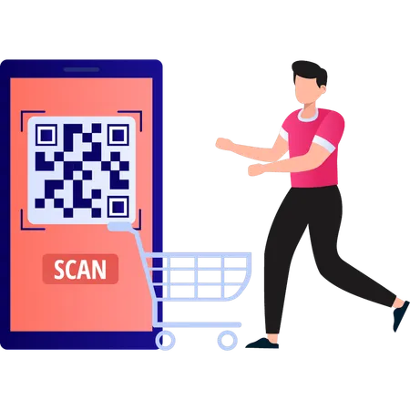 Le garçon scanne le code QR pour faire du shopping  Illustration