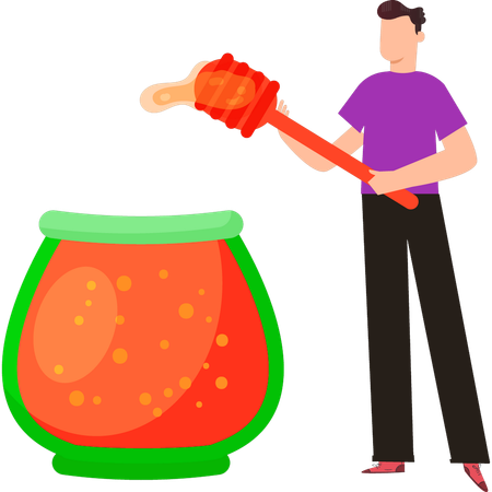 Le garçon tient une louche de miel  Illustration