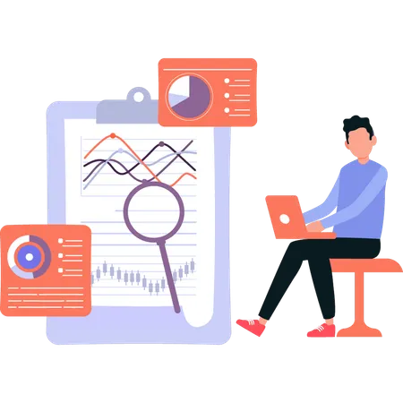 Le garçon travaille sur un graphique linéaire  Illustration