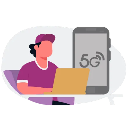 Le garçon travaille sur Internet mobile de 5 Go  Illustration