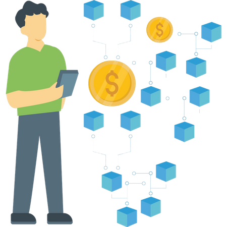 Le garçon travaille sur la blockchain du dollar.  Illustration