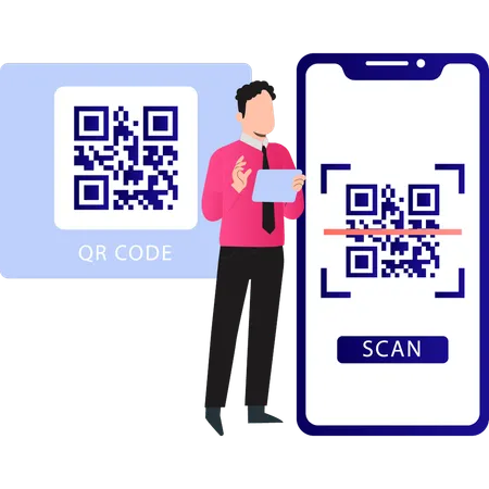 Le garçon travaille sur la numérisation du code QR  Illustration