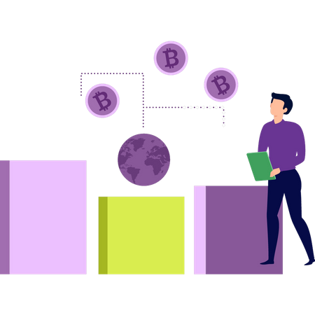 Le garçon travaille sur le graphique Bitcoin  Illustration