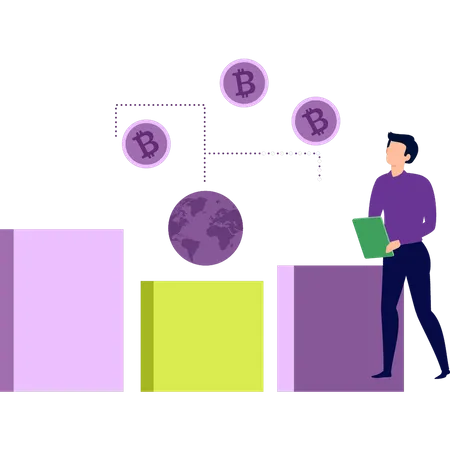 Le garçon travaille sur le graphique Bitcoin  Illustration