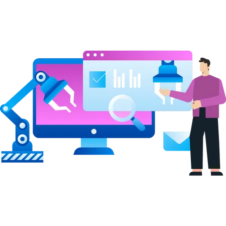 Le garçon travaille sur le moniteur  Illustration