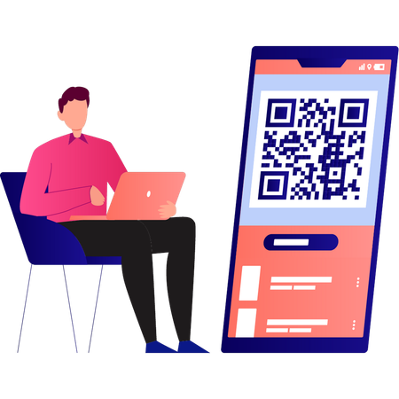 Le garçon travaille sur le code QR  Illustration