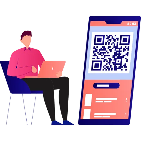 Le garçon travaille sur le code QR  Illustration