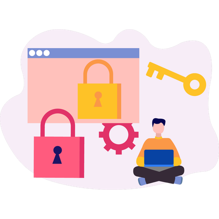 Le garçon travaille sur un ordinateur portable sur la page Web de sécurité du compte  Illustration