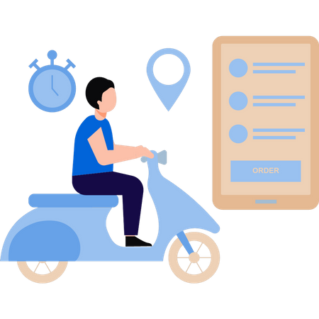 Le garçon va livrer la commande sur un scooter  Illustration
