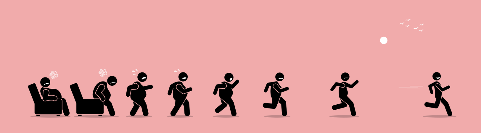 Le gros homme se lève, court et devient une transformation mince  Illustration
