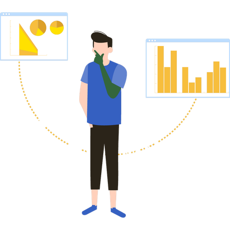 Le jeune garçon est debout et réfléchit au business chart  Illustration